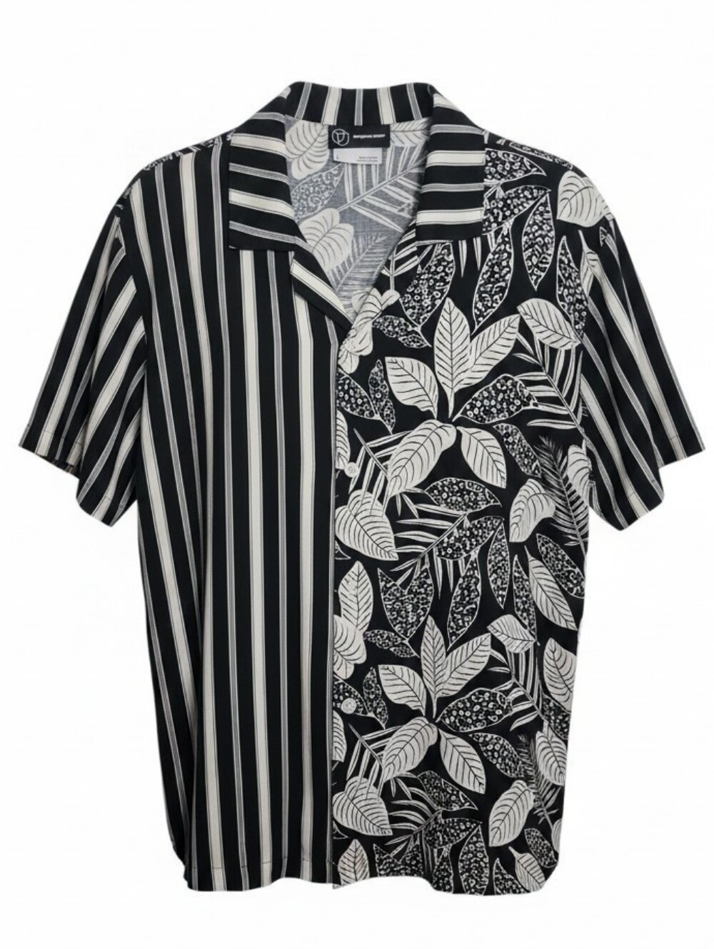 Original Use men's black white floral stripe button front camp shirt size large